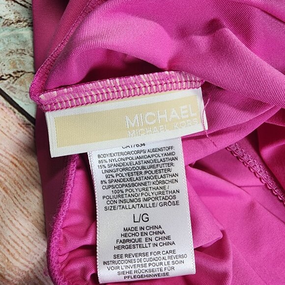 Michael Kors Size L Cerise Pink One Shoulder Tankini Swim Top Gold Logo New - Picture 5 of 9